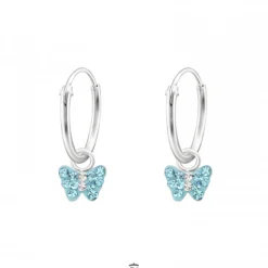 Zilveren oorringen met hanger, blauwe vlinder met kristallen
