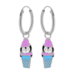 Zilveren oorringen met hanger, roze pinguïnijsje