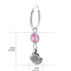 Zilveren oorringen met hanger, schelp en roze kristal