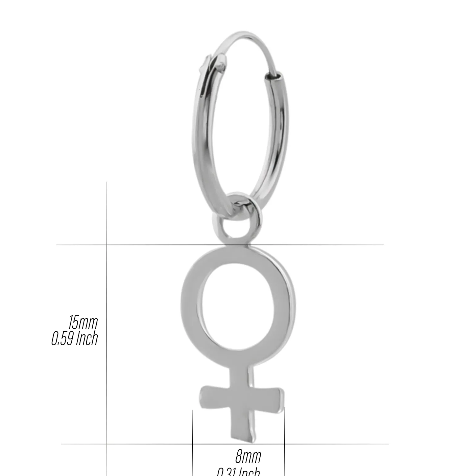 Zilveren oorringen met hanger, vrouwelijk seksesymbool
