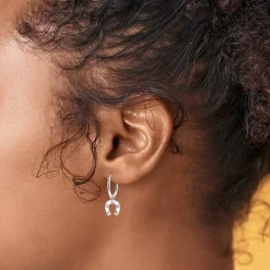 Zilveren oorringen met hanger, hoefijzer met kristallen