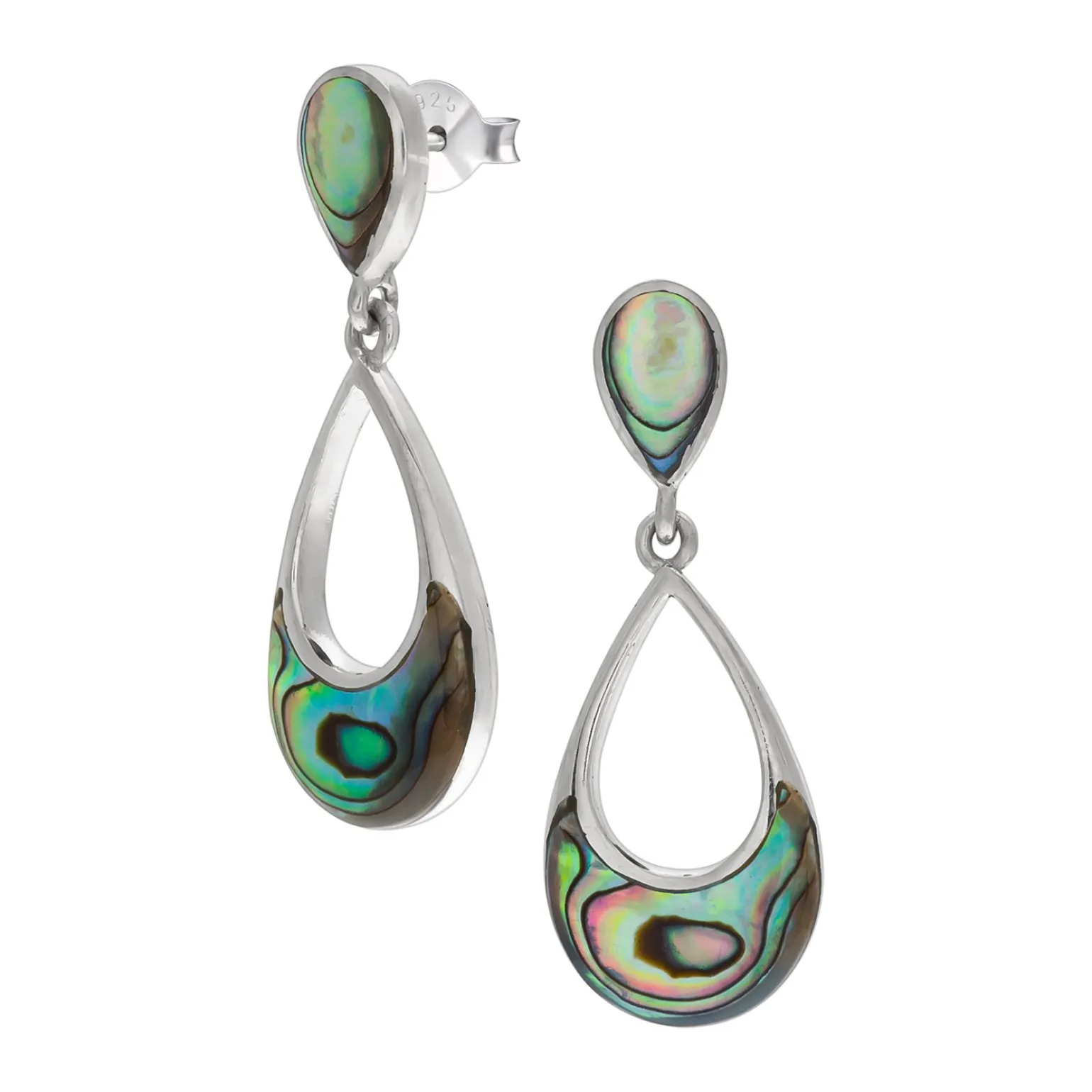 Zilveren oorsteker met hanger, opengewerkte druppel met Abalone steen