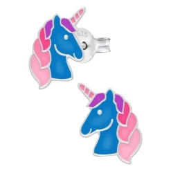 Zilveren oorstekers, blauw eenhoornhoofd met roze manen