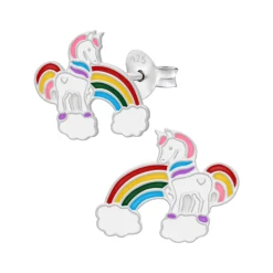 Zilveren oorstekers, eenhoorn met regenboog en wolkjes