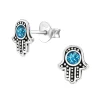Zilveren oorstekers, hamsa met oog van aqua glitters