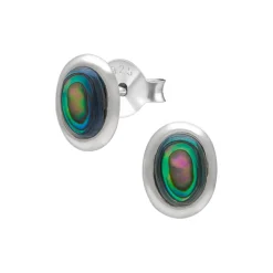 Zilveren oorstekers, ovale abalone steen met zilveren rand