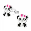 Zilveren oorstekers, panda met roze strik