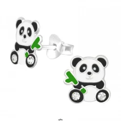 Zilveren oorstekers, panda met bamboe