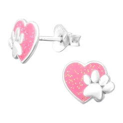 Zilveren oorstekers, roze glitterhart met pootafdruk