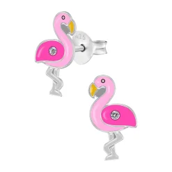 Zilveren oorstekers, roze flamingo met kristal