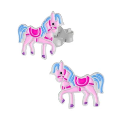 Zilveren oorstekers, roze paard met blauwe manen en staart