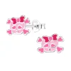 Zilveren oorstekers, roze doodshoofd met strik