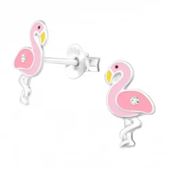 Zilveren oorstekers, roze flamingo met kristal