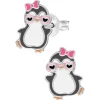 Zilveren oorstekers, vrolijke pinguin met hartjeszonnebril en strikje