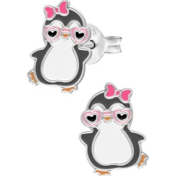 Zilveren oorstekers, vrolijke pinguin met hartjeszonnebril en strikje