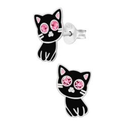 Zilveren oorstekers, zwarte kat met roze kristal-ogen