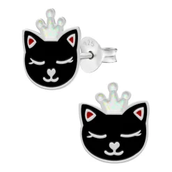 Zilveren oorstekers, zwarte kattenkop met glitterkroon