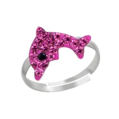 Zilveren ring, dolfijn met roze kristallen