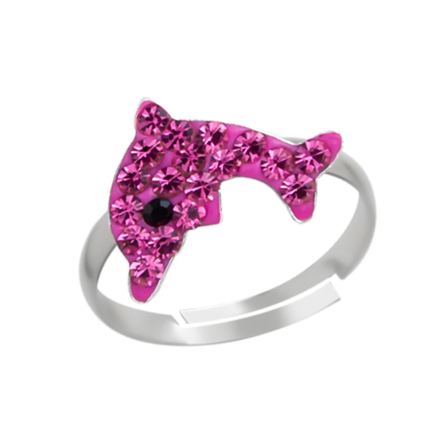 Zilveren ring, dolfijn met roze kristallen