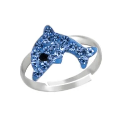 Zilveren ring, dolfijn met blauwe kristallen