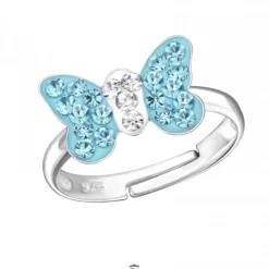 Zilveren ring met vlinder, blauw met wit