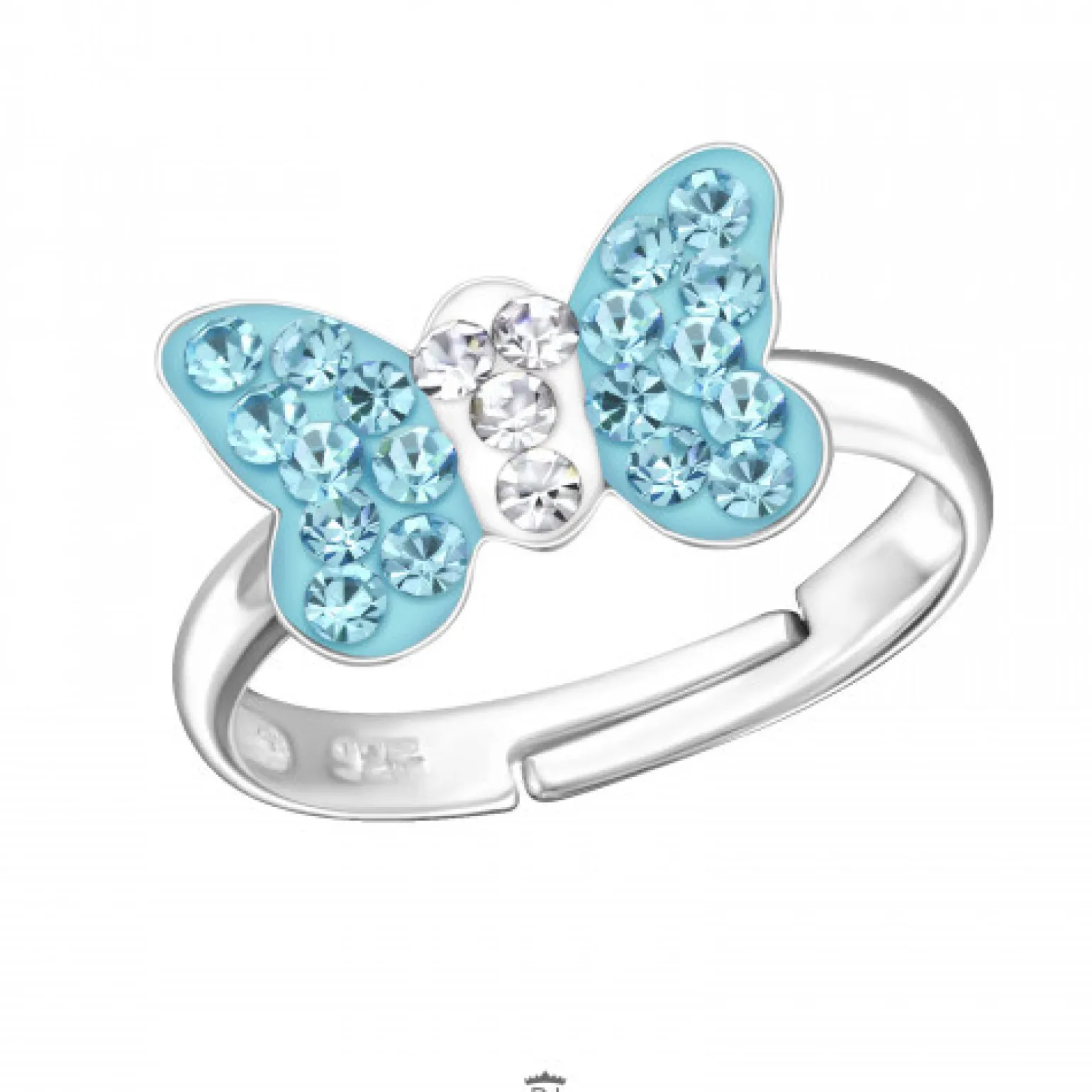 Zilveren ring met vlinder, blauw met wit