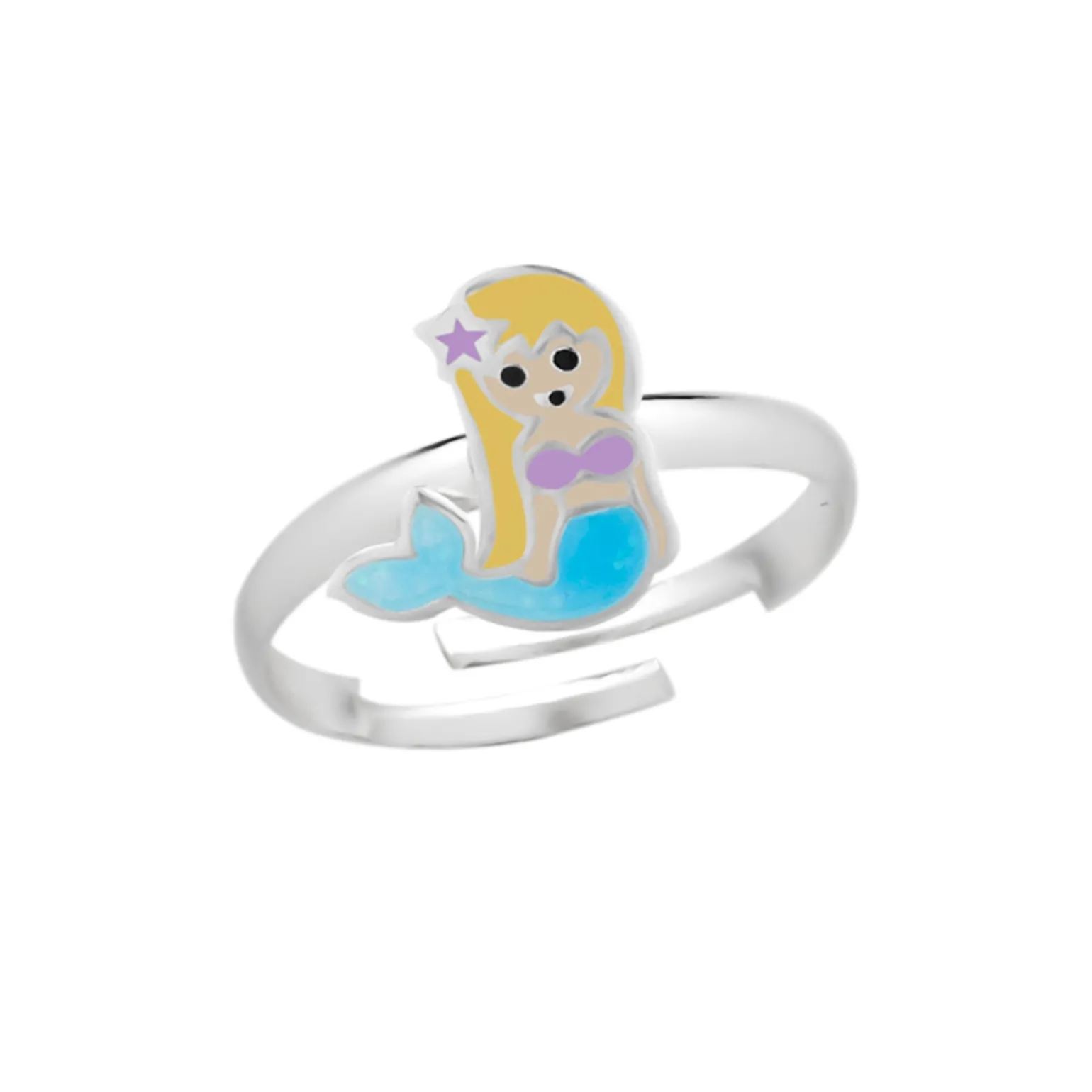 Zilveren ring met zeemeermin, blauwe glitterstaart