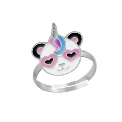 Zilveren ring, panda-eenhoorn met roze hartjesbril