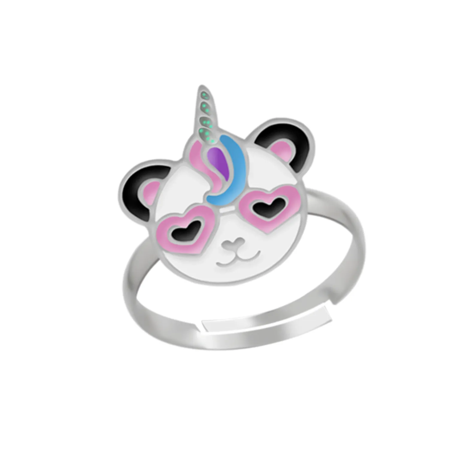 Zilveren ring, panda-eenhoorn met roze hartjesbril
