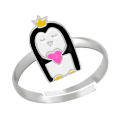 Zilveren ring, pinguïn met kroon en hartje