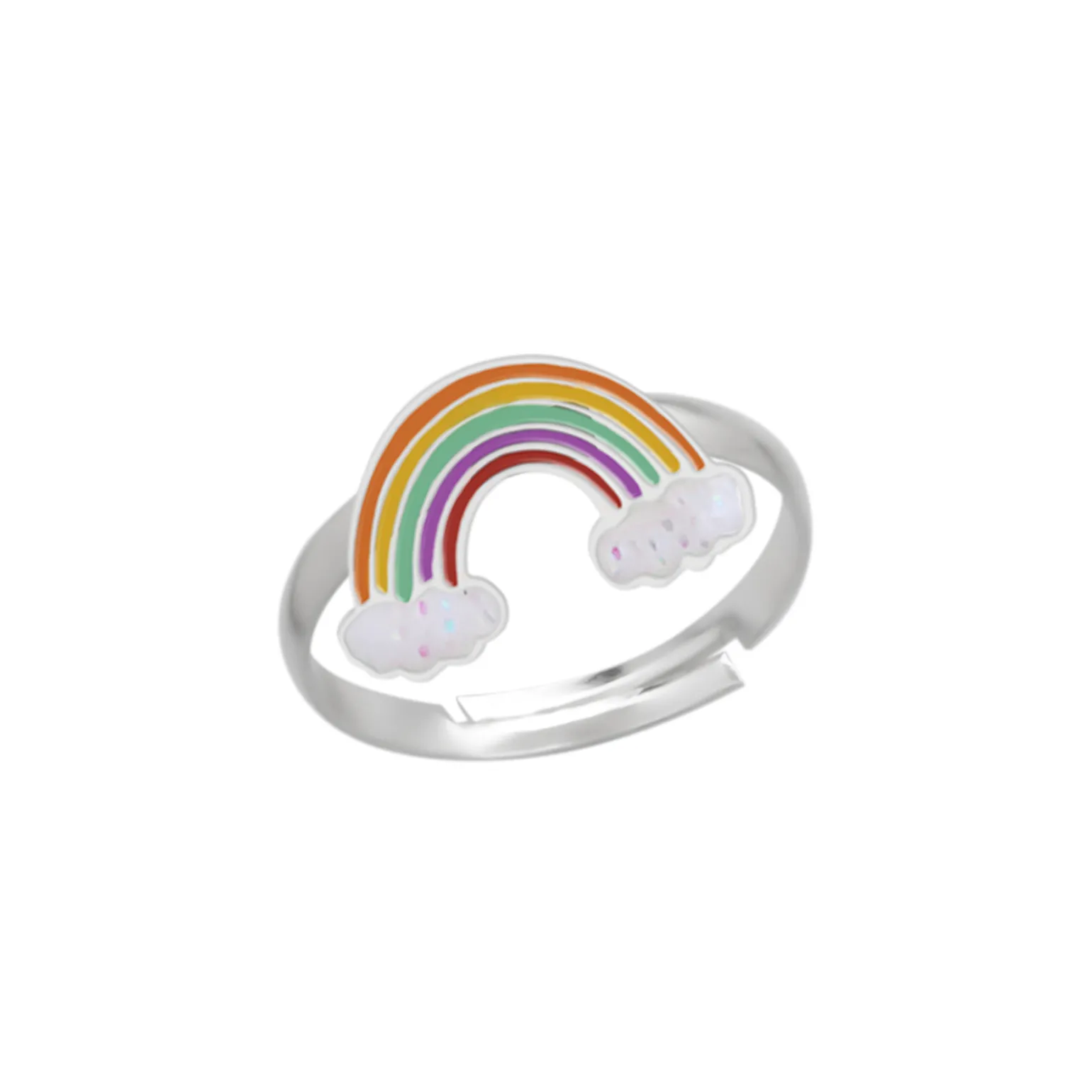 Zilveren ring, regenboog met glitterwolkjes