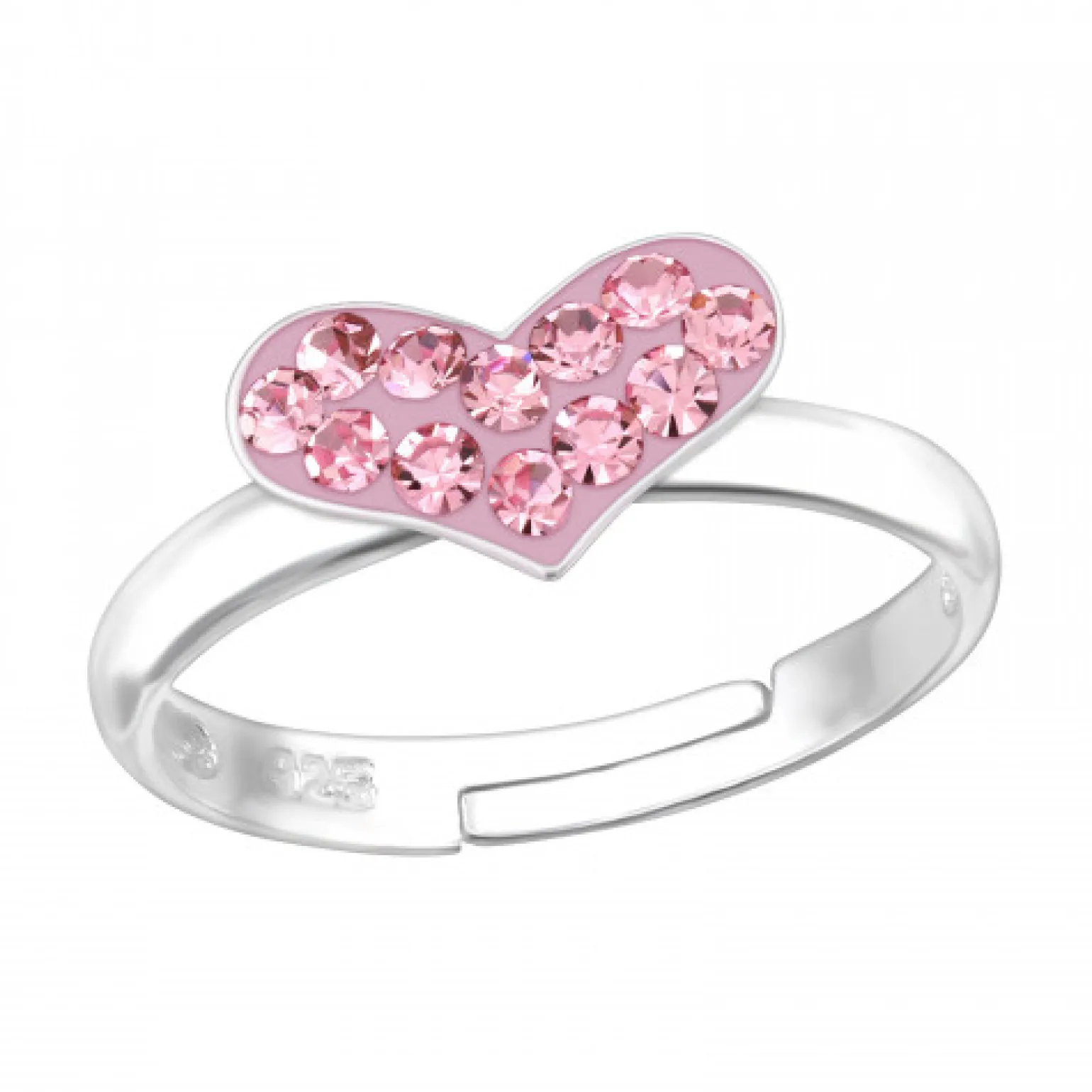 Zilveren ring, roze hart met kristallen