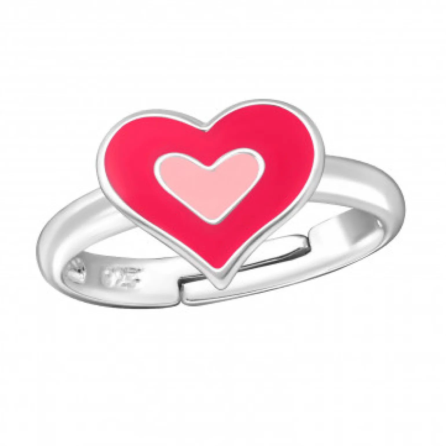 Zilveren ring, twee roze hartjes in elkaar