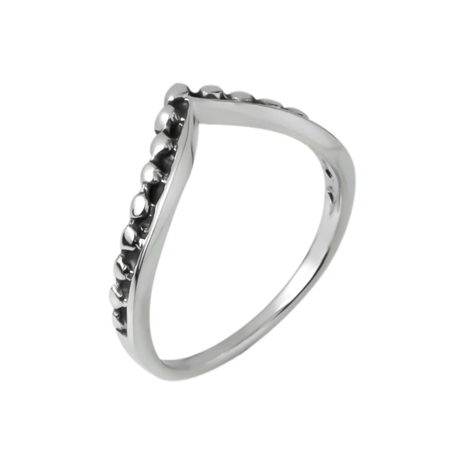 Zilveren ring, v-model met bolletjes