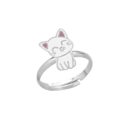 Zilveren ring, wit katje