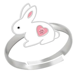 Zilveren ring, wit konijntje met roze hartje en kristal