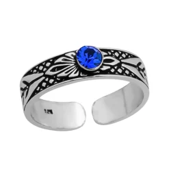 Zilveren teenring, bewerkte, geoxideerde band met capri blue kristal