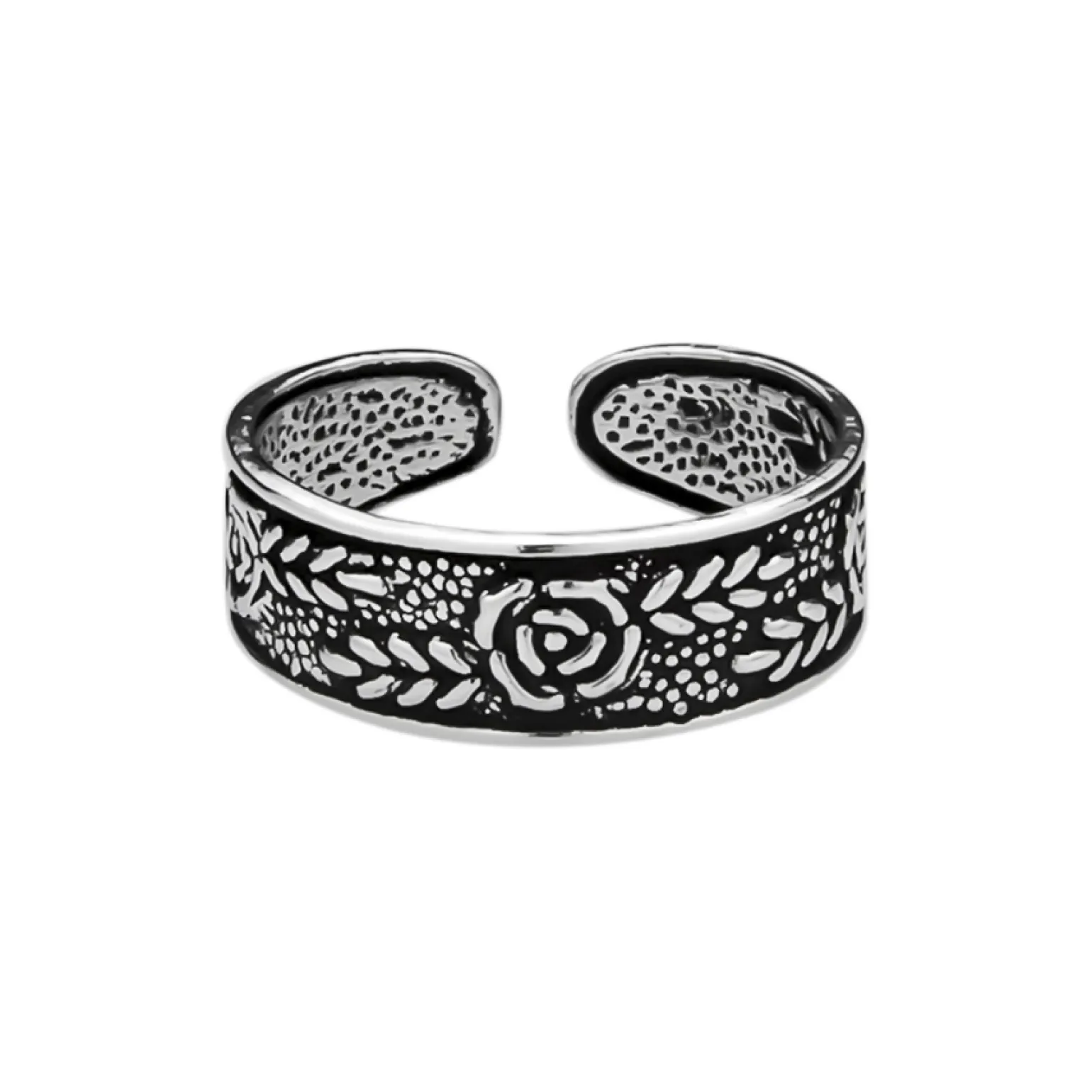 Zilveren teenring, bewerkt met roosjes