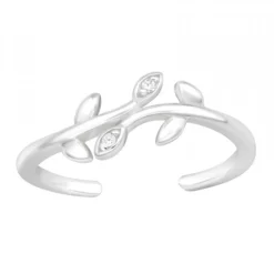 Zilveren teenring, blaadjes met kristallen