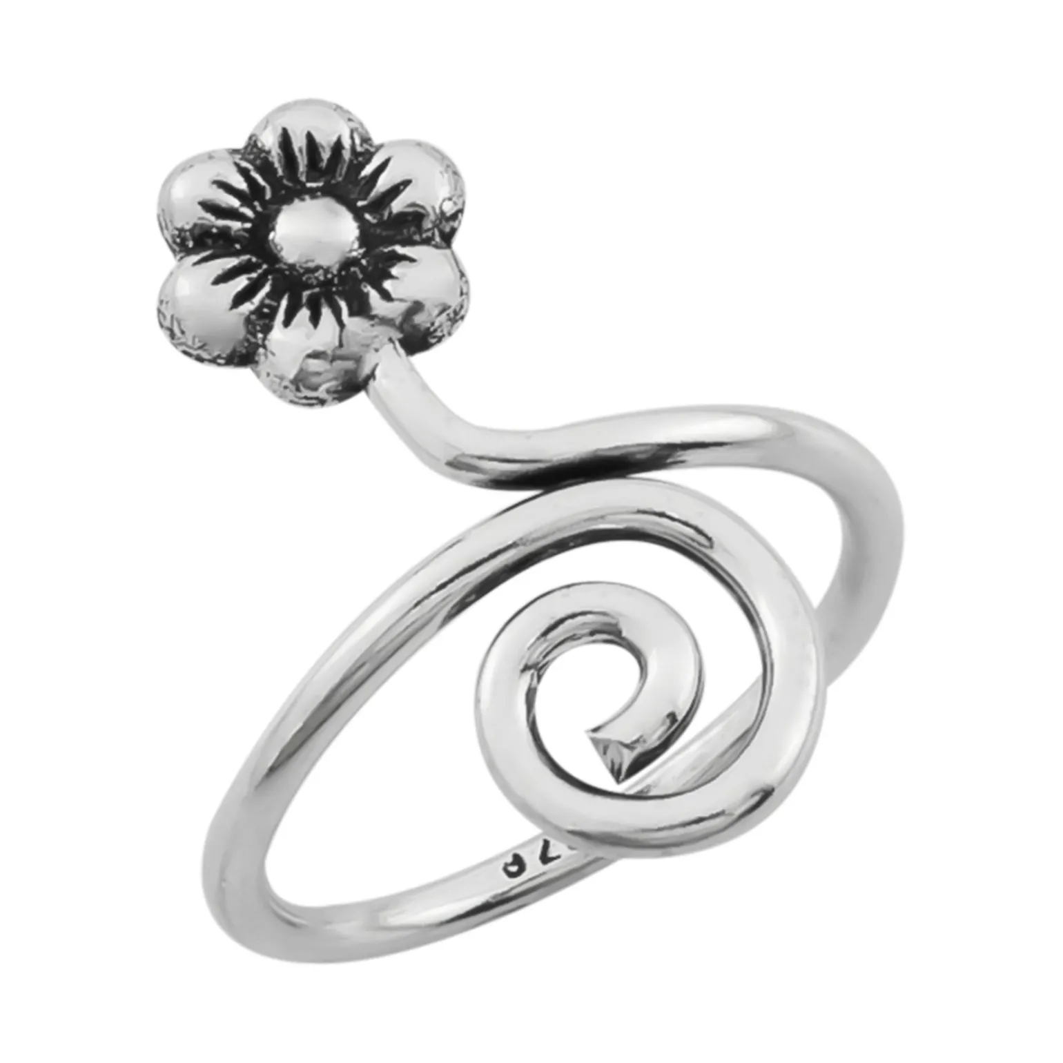 Zilveren teenring, bloem en spiraal