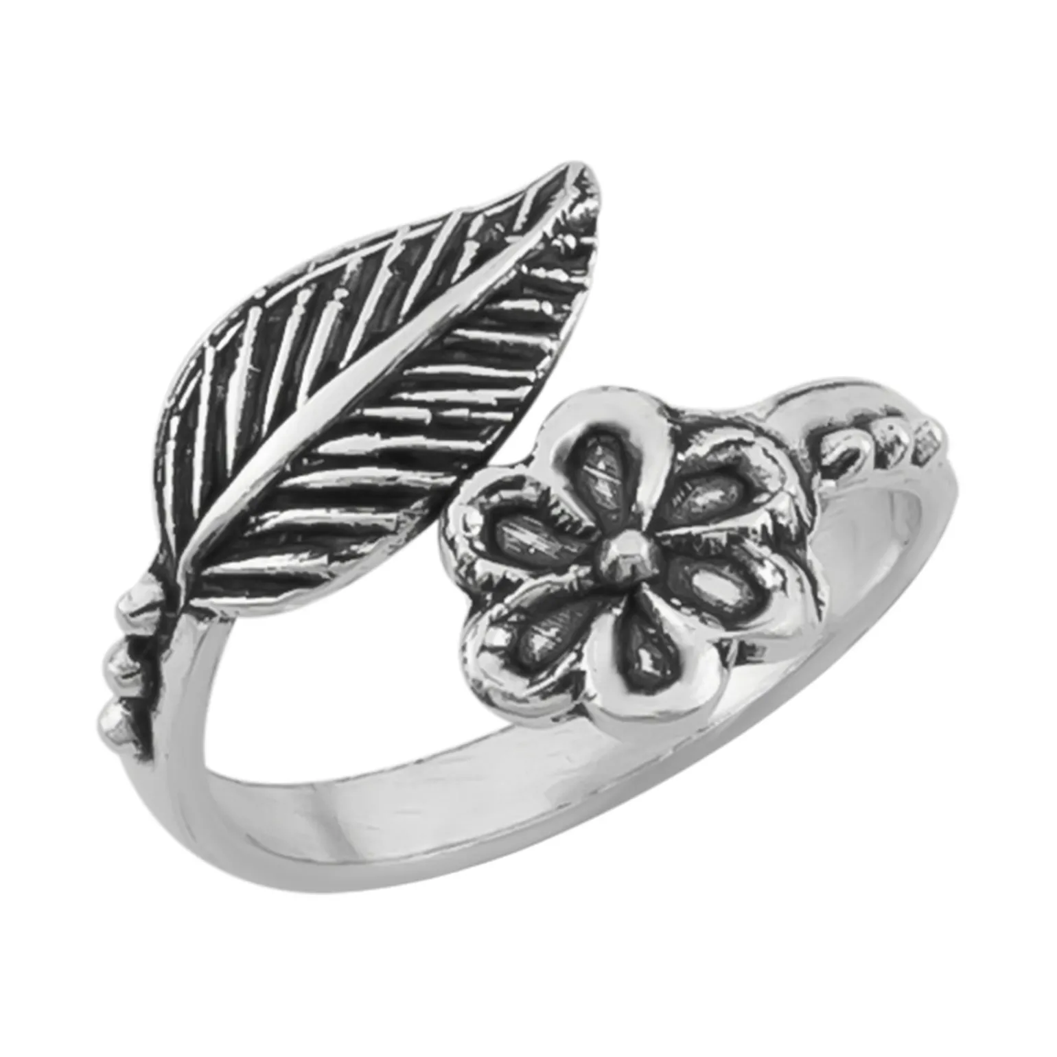 Zilveren teenring, bloem en blad
