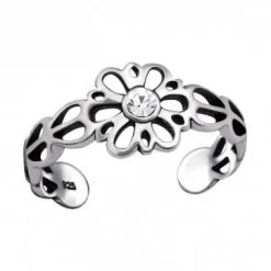Zilveren teenring, bloem met kristal