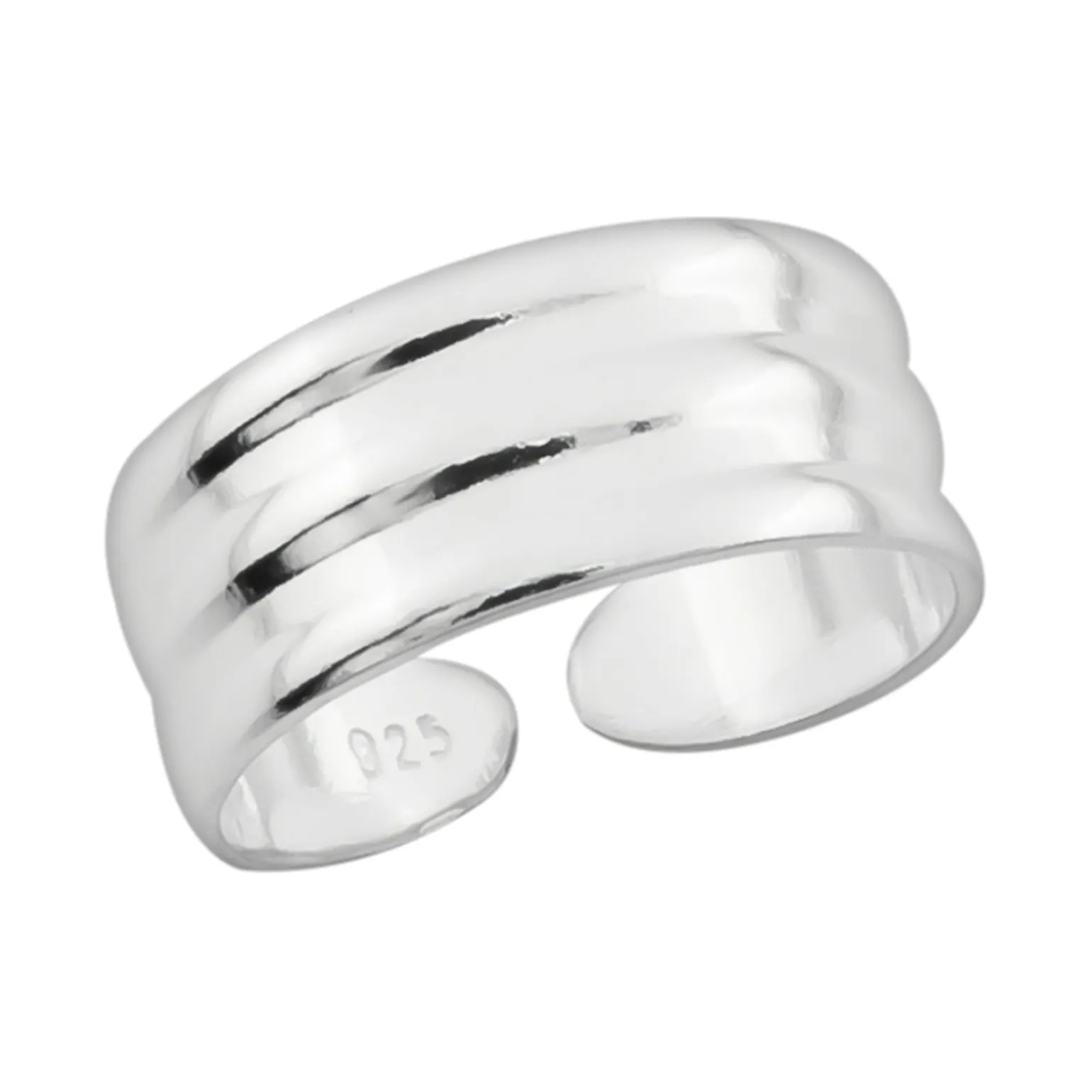 Zilveren teenring, brede band met drie bollingen