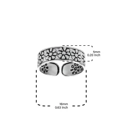 Zilveren teenring, brede band met bloemen