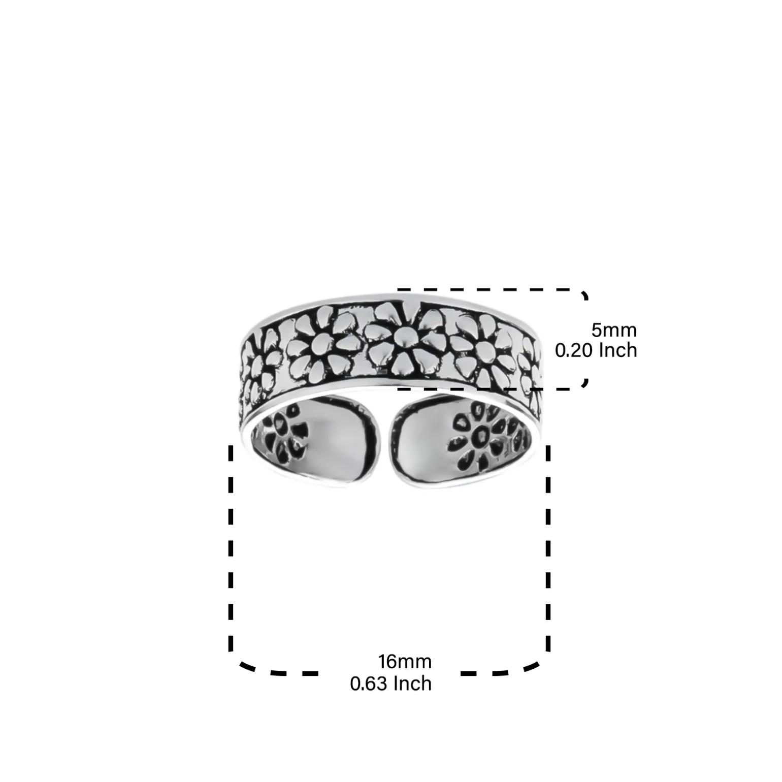 Zilveren teenring, brede band met bloemen