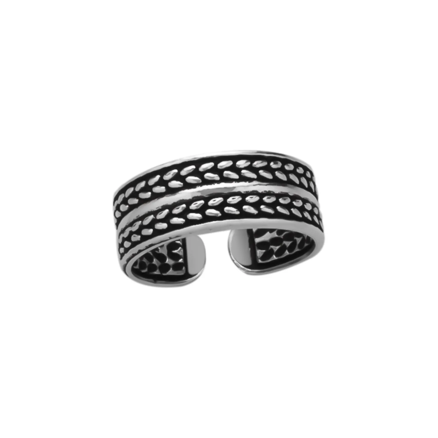 Zilveren teenring, breed met twee gevlochten rijen