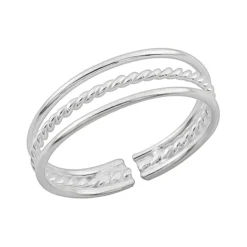 Zilveren teenring, drie banden met gedraaide band