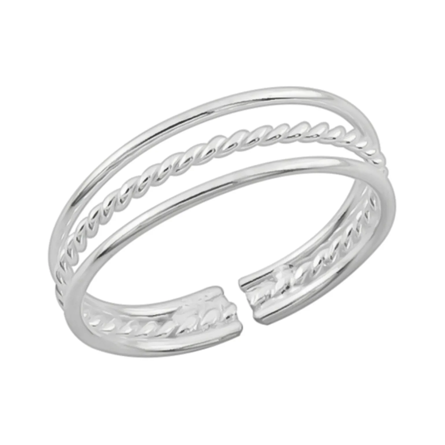 Zilveren teenring, drie banden met gedraaide band