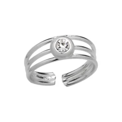 Zilveren teenring, drie bandjes met kristal