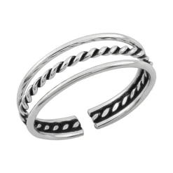 Zilveren teenring, drie banden, glad en gevlochten